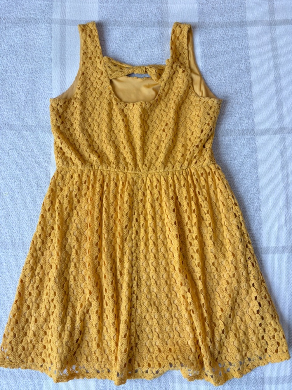 Mustard Yellow Lace Babydoll Dress Open Back Bow Size Large Boho Cottagecore - Picture 6 of 6